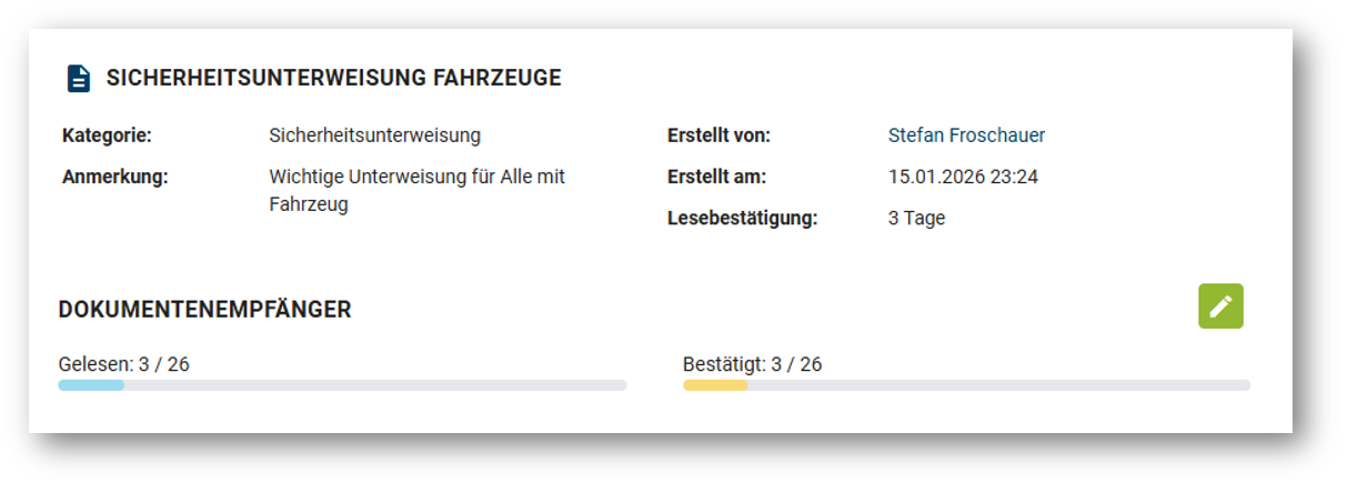 Ansicht einer Sicherheitsunterweisung in zusie® Docs mit Status der Lesebestätigungen