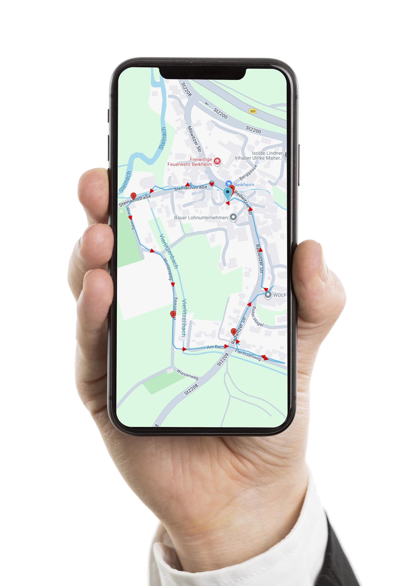 Smartphone mit Kartenansicht und digitaler Gangfolge für die Zustellung