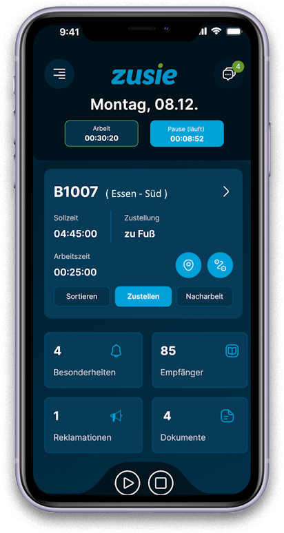 Startansicht der zusie® App mit Zustellbezirk, Arbeitszeit und Aufgaben